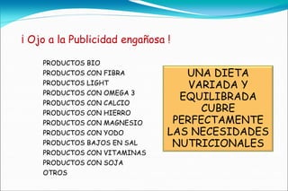 ¡ Ojo a la Publicidad engañosa !

    PRODUCTOS BIO
    PRODUCTOS CON FIBRA           UNA DIETA
    PRODUCTOS LIGHT                VARIADA Y
    PRODUCTOS CON OMEGA 3
                                 EQUILIBRADA
    PRODUCTOS CON CALCIO
    PRODUCTOS CON HIERRO
                                     CUBRE
    PRODUCTOS CON MAGNESIO      PERFECTAMENTE
    PRODUCTOS CON YODO         LAS NECESIDADES
    PRODUCTOS BAJOS EN SAL      NUTRICIONALES
    PRODUCTOS CON VITAMINAS
    PRODUCTOS CON SOJA
    OTROS
 