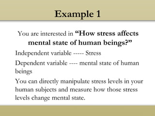 Example 1
You are interested in “How stress affects
mental state of human beings?”
Independent variable ----- Stress
Dependent variable ---- mental state of human
beings
You can directly manipulate stress levels in your
human subjects and measure how those stress
levels change mental state.
 