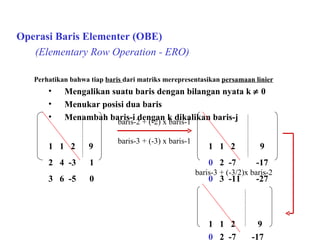   Operasi Baris Elementer (OBE) (Elementary Row Operation - ERO) Perhatikan bahwa tiap  baris  dari matriks merepresentasikan  persamaan linier Mengalikan suatu baris dengan bilangan nyata k    0 Menukar posisi dua baris Menambah baris-i dengan k dikalikan baris-j 1  1  2  9 1  1  2  9 2  4  -3  1 0   2  -7  -17 3  6  -5  0 0   3  -11  -27 1  1  2  9 0  2  -7  -17 0  0   -½  - 3 / 2 baris-2 + (-2) x baris-1 baris-3 + (-3) x baris-1 baris-3 + (-3/2)x baris-2 