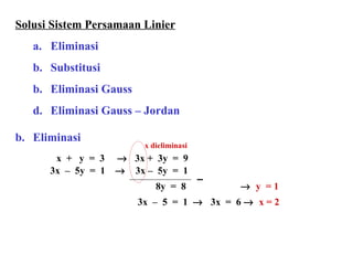 Solusi Sistem Persamaan Linier Eliminasi  Substitusi b. Eliminasi Gauss Eliminasi Gauss – Jordan   Eliminasi    x  +  y  =  3     3x +  3y  =  9   3x  –  5y  =  1     3x –  5y  =  1   8y  =  8     y  = 1   3x  –  5  =  1     3x  =  6     x = 2 x dieliminasi 
