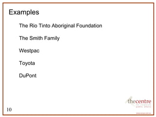 Examples 
10 
 The Rio Tinto Aboriginal Foundation 
 The Smith Family 
 Westpac 
 Toyota 
 DuPont 
 