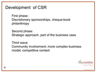Development of CSR 
4 
 First phase: 
Discretionary sponsorships, cheque-book 
philanthropy 
 Second phase: 
Strategic approach, part of the business case 
 Third wave: 
Community involvement; more complex business 
model; competitive context 
 