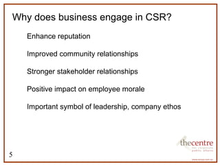 Why does business engage in CSR? 
5 
 Enhance reputation 
 Improved community relationships 
 Stronger stakeholder relationships 
 Positive impact on employee morale 
 Important symbol of leadership, company ethos 
 