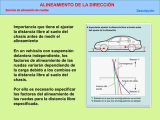 ALINEAMIENTO DE LA DIRECCIÓN
Servicio de alineación de ruedas Descripción
4.Importante ajustar la distancia libre al suelo antes
del ajuste de la alineación
Rebote *1
Convergencia
Avance del
pivote
Ángulo de cadaí
*1 Estado en el que los amortiguadores se acortan
*2 Estado en el que los amortiguadores se alargan
Rebote *2
Importancia que tiene el ajustar
la distancia libre al suelo del
chasis antes de medir el
alineamiento
En un vehículo con suspensión
delantera independiente, los
factores de alineamiento de las
ruedas variarán dependiendo de
la carga debido a los cambios en
la distancia libre al suelo del
chasis.
Por ello es necesario especificar
los factores del alineamiento de
las ruedas para la distancia libre
especificada.
 