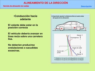 ALINEAMIENTO DE LA DIRECCIÓN
Servicio de alineación de ruedas Descripción
4.Importante ajustar la distancia libre al suelo antes
del ajuste de la alineación
Rebote *1
Convergencia
Avance del
pivote
Ángulo de cadaí
*1 Estado en el que los amortiguadores se acortan
*2 Estado en el que los amortiguadores se alargan
Rebote *2
•Conducción hacia
adelante
El volante debe estar en la
posición correcta
El vehículo debería avanzar en
línea recta sobre una carretera
lisa.
No deberían producirse
ondulaciones o sacudidas
excesivas.
 