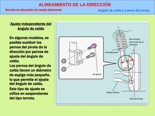 ALINEAMIENTO DE LA DIRECCIÓN
Servicio de alineación de ruedas delanteras Ángulo de caída y avance del pivote
de ajuste
Amortiguador
Movimiento
del pivote de la
dirección
Brazo inferior
Vista de frente
Ajuste independiente del
ángulo de caída
En algunos modelos, es
posible sustituir los
pernos del pivote de la
dirección por pernos de
ajuste del ángulo de
caída.
Los pernos del ángulo de
caída tienen un diámetro
de espiga más pequeño,
lo que permite el ajuste
del ángulo de caída.
Este tipo de ajuste se
utiliza en suspensiones
del tipo torreta.
 