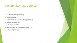 EVALUARÍAN LAS 7 ÁREAS


Lectura Crítica (genérica)



• Matemáticas



• Razonamiento Cuantitativo (genérica)



• Ciencias Naturales



• Ciencias Sociales



• Competencias Ciudadanas (genérica)



• Inglés (genérica)

 