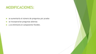 MODIFICACIONES:


se aumentaría el número de preguntas por prueba



se incorporarían preguntas abiertas



y se eliminaría el componente flexible.

 