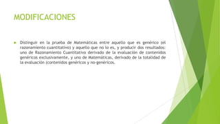 MODIFICACIONES


Distinguir en la prueba de Matemáticas entre aquello que es genérico (el
razonamiento cuantitativo) y aquello que no lo es, y producir dos resultados:
uno de Razonamiento Cuantitativo derivado de la evaluación de contenidos
genéricos exclusivamente, y uno de Matemáticas, derivado de la totalidad de
la evaluación (contenidos genéricos y no-genéricos.

 
