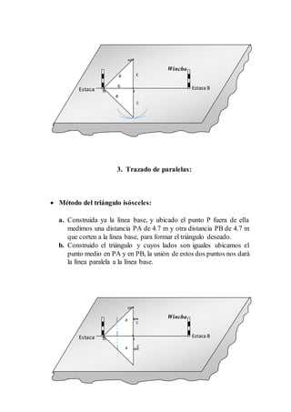 3. Trazado de paralelas:
 Método del triángulo isósceles:
a. Construida ya la línea base, y ubicado el punto P fuera de ella
medimos una distancia PA de 4.7 m y otra distancia PB de 4.7 m
que corten a la línea base, para formar el triángulo deseado.
b. Construido el triángulo y cuyos lados son iguales ubicamos el
punto medio en PA y en PB, la unión de estos dos puntos nos dará
la línea paralela a la línea base.
4. Medición de ángulos:
c
Estaca BEstaca
A
a
Wincha
b
C
a
c
Estaca BEstaca
A
a
Wincha
Ca
 