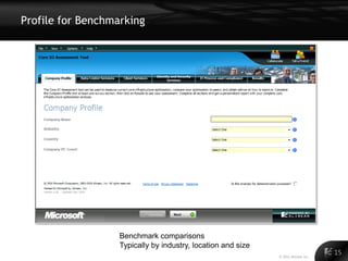 Profile for Benchmarking




                   Benchmark comparisons
                   Typically by industry, location and size
                                                              © 2011 Alinean, Inc.
                                                                                     15
 