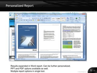 Personalized Report




   Results expanded in Word report. Can be further personalized.
   PPT and PDF options available as well.
   Multiple report options in single tool.                         © 2011 Alinean, Inc.
                                                                                          20
 