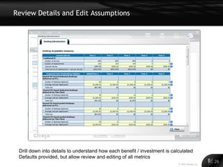 Review Details and Edit Assumptions




 Drill down into details to understand how each benefit / investment is calculated
 Defaults provided, but allow review and editing of all metrics
                                                                           © 2011 Alinean, Inc.
                                                                                                  26
 