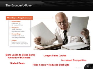 The Economic-Buyer


•   Size




More Leads to Close Same       Longer Sales Cycles
 Amount of Business
                                              Increased Competition
      Stalled Deals
                      Price Focus = Reduced Deal Size
                                                         © 2011 Alinean, Inc.
                                                                                3
 