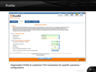 Profile




   Organization Profile to customize TCO comparison for specific scenarios /
   configurations
                                                                        © 2011 Alinean, Inc.
                                                                                               31
 