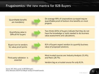 Frugalnomics: the new mantra for B2B Buyers


                                                                On average 90% of corporations surveyed require
     Quantifiable benefits
                                                                quantifiable proof of bottom-line benefits on most
       are mandatory
                                                                projects.


                                                                Two-thirds (65%) of buyers indicate that they do not
     Quantifying value is
                                                                have the knowledge or tools needed to do business
     difficult for buyers
                                                                value assessments and calculations.



   Buyers turn to vendors                                       81% of buyers expect vendors to quantify business
   for value proof points                                       value of proposed solutions.



                                                                Most trusted sources are: Industry Analysts (31.4%),
  Third party validation is                                     and Peers (28.7%).
          essential
                                                                Vendors lag as a trusted source for only 8.1%.


Source: IDC 2010, survey of 200 B2B buyers,
Sirius Decisions 2010 B-to-B Buyer Survey on trusted sources.
                                                                                                         © 2011 Alinean, Inc.
                                                                                                                                5
 