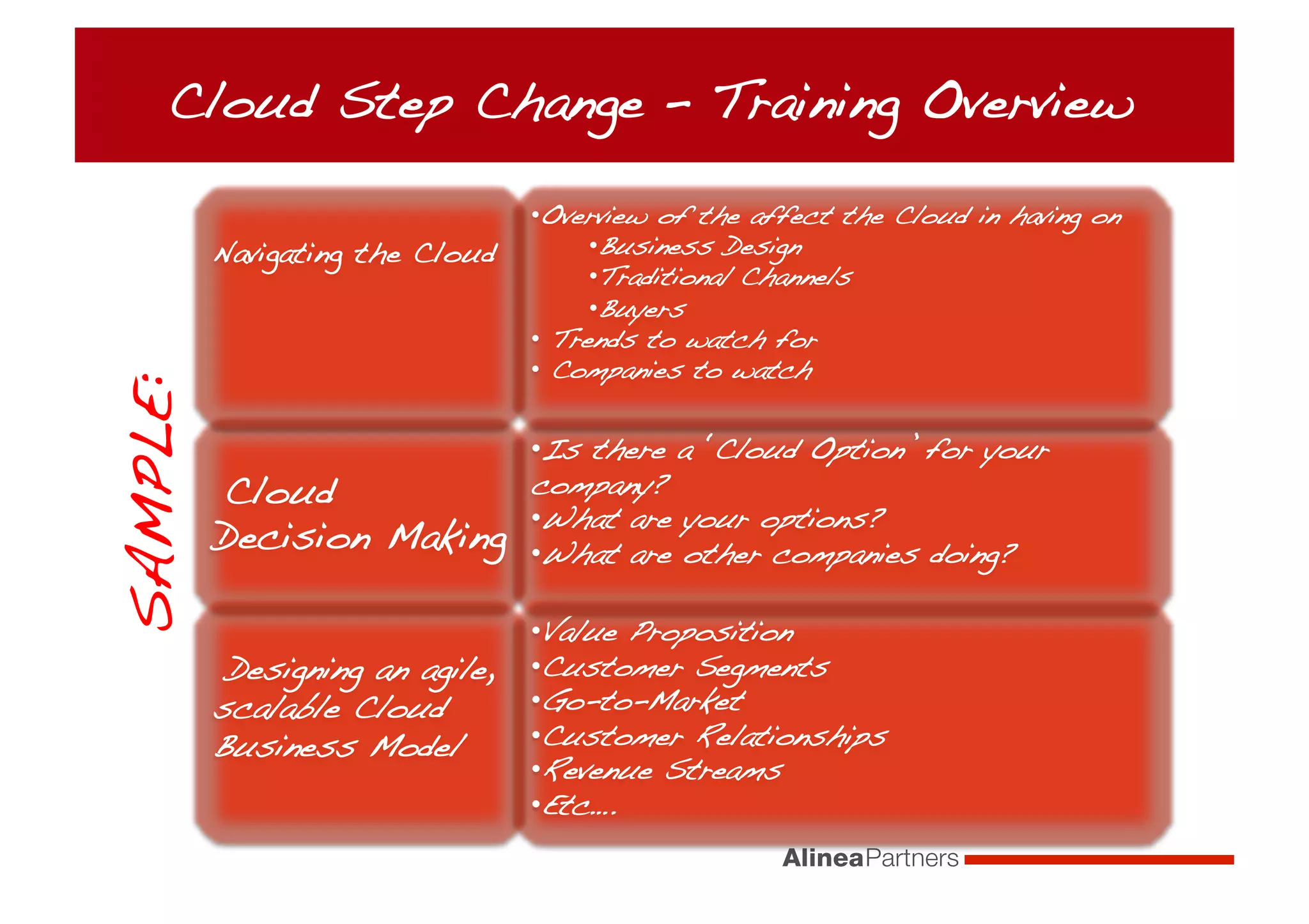 Cloud !
Decision Making!
Navigating the Cloud!
• Is there a ‘Cloud Option’ for your
company?!
• What are your options?!
• What are other companies doing?!
• Overview of the affect the Cloud in having on !
• Business Design!
• Traditional Channels!
• Buyers!
• Trends to watch for!
• Companies to watch !
Cloud Step Change – Training Overview!
SAMPLE:
Designing an agile,
scalable Cloud
Business Model !
• Value Proposition!
• Customer Segments!
• Go-to-Market!
• Customer Relationships !
• Revenue Streams!
• Etc….!