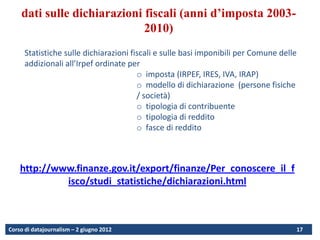 dati sulle dichiarazioni fiscali (anni d’imposta 2003-
                             2010)
      Statistiche sulle dichiarazioni fiscali e sulle basi imponibili per Comune delle
      addizionali all’Irpef ordinate per
                                        o imposta (IRPEF, IRES, IVA, IRAP)
                                        o modello di dichiarazione (persone fisiche
                                        / società)
                                        o tipologia di contribuente
                                        o tipologia di reddito
                                        o fasce di reddito



    http://www.finanze.gov.it/export/finanze/Per_conoscere_il_f
             isco/studi_statistiche/dichiarazioni.html



Corso di datajournalism – 2 giugno 2012                                              17
 