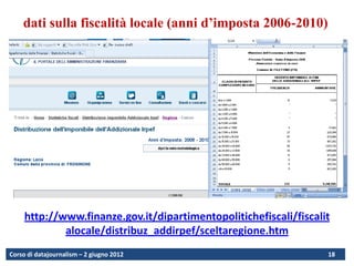 dati sulla fiscalità locale (anni d’imposta 2006-2010)




     http://www.finanze.gov.it/dipartimentopolitichefiscali/fiscalit
             alocale/distribuz_addirpef/sceltaregione.htm
Corso di datajournalism – 2 giugno 2012                            18
 
