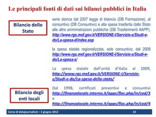 Le principali fonti di dati sui bilanci pubblici in Italia
                                  serie storica dal 2007 legge di bilancio (DB Formazione), al
    Bilancio dello                consuntivo (DB Consuntivo) e alla spesa trasferita dallo Stato
        Stato                     alle altre amministrazioni pubbliche (DB Trasferimenti AAPP).
                                  http://www.rgs.mef.gov.it/VERSIONE-I/Servizio-s/Studi-e-
                                  do/La-spesa-d/index.asp

                                  la spesa statale regionalizzata, solo consuntivo, dal 2008
                                  http://www.rgs.mef.gov.it/VERSIONE-I/Servizio-s/Studi-e-
                                  do/La-spesa-s/

                                  La spesa statale dall’unità d’Italia al 2009,
                                  http://www.rgs.mef.gov.it/VERSIONE-I/Servizio-
                                  s/Studi-e-do/La-spesa-dello-stato/

                                  Dal 1998, certificati preventivi e consuntivi
     Bilancio degli               http://finanzalocale.interno.it/apps/floc.php/in/cod/3
       enti locali                e
                                  http://finanzalocale.interno.it/apps/floc.php/in/cod/4
Corso di datajournalism – 2 giugno 2012                                             23
 