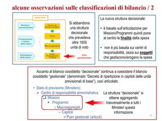 alcune osservazioni sulle classificazioni di bilancio / 2
                                                        La nuova struttura decisionale:
                                 Si abbandona
                                  una struttura         • è basata sull’articolazione per
                                   decisionale            Missioni/Programmi quindi pone
                                 che prevedeva            al centro la finalità della spesa
                                   oltre 1000
                                  unità di voto         • non è più basata sui centri di
                                                          responsabilità, ossia sui soggetti
                                                          che gestiscono/erogano la spesa


          Accanto al bilancio cosiddetto “decisionale” continua a coesistere il bilancio
        cosiddetto “gestionale” (denominato “Decreto di ripartizione in capitoli delle unità
                              previsionali di base”), così articolato:
        • Stato di previsione (Ministero)
           Centro di responsabilità amministrativa La struttura “decisionale” si
               Missioni                                    ottiene aggregando
                   Programmi                             trasversalmente a tutti i
                      o Macroaggregati                        Ministeri questa
                          – Capitoli                            informazione
                                                                                           25
                             Piani gestionali (articoli)
 