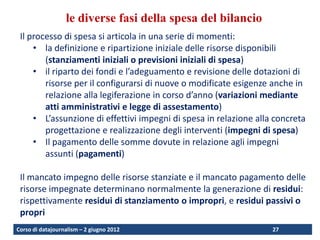 le diverse fasi della spesa del bilancio
 Il processo di spesa si articola in una serie di momenti:
     • la definizione e ripartizione iniziale delle risorse disponibili
        (stanziamenti iniziali o previsioni iniziali di spesa)
     • il riparto dei fondi e l’adeguamento e revisione delle dotazioni di
        risorse per il configurarsi di nuove o modificate esigenze anche in
        relazione alla legiferazione in corso d’anno (variazioni mediante
        atti amministrativi e legge di assestamento)
     • L’assunzione di effettivi impegni di spesa in relazione alla concreta
        progettazione e realizzazione degli interventi (impegni di spesa)
     • Il pagamento delle somme dovute in relazione agli impegni
        assunti (pagamenti)

 Il mancato impegno delle risorse stanziate e il mancato pagamento delle
 risorse impegnate determinano normalmente la generazione di residui:
 rispettivamente residui di stanziamento o impropri, e residui passivi o
 propri
Corso di datajournalism – 2 giugno 2012                            27    27
 