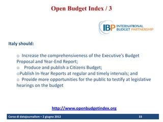 Where does Turkey stand according to the major international
                 Open Budget Index / 3
                      assessments?2




Italy should:

      o Increase the comprehensiveness of the Executive’s Budget
      Proposal and Year-End Report;
      o Produce and publish a Citizens Budget;
      oPublish In-Year Reports at regular and timely intervals; and
      o Provide more opportunities for the public to testify at legislative
      hearings on the budget



                                http://www.openbudgetindex.org
Corso di datajournalism – 2 giugno 2012                             33
 