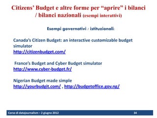 Citizens’ Budget e altre forme per “aprire” i bilanci
            / bilanci nazionali (esempi interattivi)

                             Esempi governativi / istituzionali:

    Canada’s Citizen Budget: an interactive customizable budget
    simulator
    http://citizenbudget.com/

    France’s Budget and Cyber Budget simulator
    http://www.cyber-budget.fr/

    Nigerian Budget made simple
    http://yourbudgit.com/ , http://budgetoffice.gov.ng/




Corso di datajournalism – 2 giugno 2012                            34
 