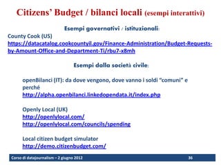 Citizens’ Budget / bilanci locali (esempi interattivi)
                             Esempi governativi / istituzionali:
County Cook (US)
https://datacatalog.cookcountyil.gov/Finance-Administration/Budget-Requests-
by-Amount-Office-and-Department-Ti/rbu7-x8mh

                                   Esempi dalla società civile:

       openBilanci (IT): da dove vengono, dove vanno i soldi “comuni” e
       perché
       http://alpha.openbilanci.linkedopendata.it/index.php

       Openly Local (UK)
       http://openlylocal.com/
       http://openlylocal.com/councils/spending

       Local citizen budget simulator
       http://demo.citizenbudget.com/
 Corso di datajournalism – 2 giugno 2012                                  36
 