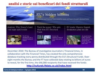 analisi e storie sui beneficari dei fondi strutturali




    December 2010: The Bureau of investigative Journalism / Financial times, in
    collaboration with the Financial Times, has created the only comprehensive
    database tracking every penny distributed through the EU’s Structural Funds. Over
    eight months the Bureau and the FT have collected data relating to billions of euros
    to reveal, for the first time, the 646,000 recipients that have received the funds:
                           http://eufunds.ftdata.co.uk/index.html
Corso di datajournalism – 2 giugno 2012                                         60
 