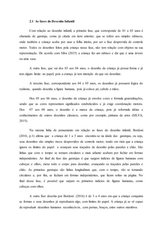2.1 As fases do Desenho Infantil
Com relação ao desenho infantil, a primeira fase, que corresponde de 01 a 03 anos é
chamada de garatuja, como já citada em item anterior, que se refere aos simples rabiscos,
onde também a criança acaba por usar a folha inteira, por ser a fase desprovida de controle
motor. Todos os desenhos feitos pela criança nessa fase, não tem relação com objetos na sua
representação. De acordo com Silva (2015) a criança faz um rabisco e diz que é uma árvore
ou uma casa.
A outra fase, que vai dos 03 aos 04 anos, o desenho da criança já possui forma e já
tem algum limite no papel, pois a criança já tem intenção do que vai desenhar.
A terceira fase, correspondente aos 04 e 05 anos, os desenhos já possuem lógica do
realismo, quando desenha a figura humana, pois já coloca pé, cabelo e mãos.
Dos 05 aos 06 anos, o desenho da criança já envolve cores e formula generalizações,
sendo que as cores representam significados estabelecidos e já exige coordenação motora.
Dos 07 aos 08 anos, o desenho é a marca da criança, pois já reformula idéias e
conhecimentos de outros desenhos clássicos, como por exemplo, pinturas de artes (SILVA,
2015).
Na mesma linha de pensamento em relação as fases do desenho infantil, Bordoni
(2016, p.1) afirma que a criança de 1 a 3 anos encontra-se na idade das garatujas, ou seja,
seus desenhos são simples riscos desprovidos de controle motor, tendo em vista que a criança
ignora os limites do papel e avançam seus traçados de desenho pelas paredes e chão. São
linhas que com o tempo se tornam circulares e mais adiante acabam por fechar em formas
independentes. Ao final da fase das garatujas é que surgem indícios de figuras humanas com
cabeças e olhos, mexa todo o corpo para desenhar, avançando os traçados pelas paredes e
chão. As primeiras garatujas são linhas longitudinais que, com o tempo, vão se tornando
circulares e, por fim, se fecham em formas independentes, que ficam soltas na página. No
final dessa fase, é possível que surjam os primeiros indícios de figuras humanas, como
cabeças com olhos.
A outra fase descrita por Bordoni (2016) é de 3 a 4 anos em que a criança conquista
as formas e seus desenhos já reproduzem algo, com limites do papel. A criança já se vê capaz
de reproduzir desenhos humanos reconhecíveis, com pernas, braços, entre outros membros.
 