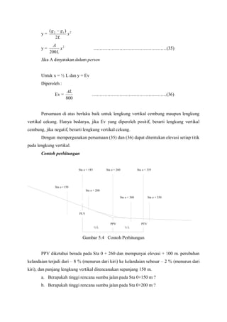 y = 212
2
)(
x
L
gg 
y = 2
200
x
L
A
…………………………………………(35)
Jika A dinyatakan dalam persen
Untuk x = ½ L dan y = Ev
Diperoleh :
Ev =
800
AL
………………………………………….(36)
Persamaan di atas berlaku baik untuk lengkung vertikal cembung maupun lengkung
vertikal cekung. Hanya bedanya, jika Ev yang diperoleh positif, berarti lengkung vertikal
cembung, jika negatif, berarti lengkung vertikal cekung.
Dengan mempergunakan persamaan (35) dan (36) dapat ditentukan elevasi setiap titik
pada lengkung vertikal.
Contoh perhitungan
Gambar 5.4 Contoh Perhitungan
PPV diketahui berada pada Sta 0 + 260 dan mempunyai elevasi + 100 m. perubahan
kelandaian terjadi dari – 8 % (menurun dari kiri) ke kelandaian sebesar – 2 % (menurun dari
kiri), dan panjang lengkung vertikal direncanakan sepanjang 150 m.
a. Berapakah tinggi rencana sumbu jalan pada Sta 0+150 m ?
b. Berapakah tinggi rencana sumbu jalan pada Sta 0+200 m ?
Sta o + 200
Sta o + 300 Sta o + 350
Sta o + 335Sta o + 260Sta o + 185
Sta o +150
PLV
PPV PTV
½ L ½ L
 
