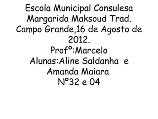 Escola Municipal Consulesa
  Margarida Maksoud Trad.
Campo Grande,16 de Agosto de
            2012.
        Profº:Marcelo
   Alunas:Aline Saldanha e
       Amanda Maiara
          Nº32 e 04
 