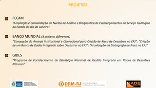 PROJETOS
FECAM
“Ampliação e Consolidação do Núcleo de Análise e Diagnóstico de Escorregamentos do Serviço Geológico
do Estado do Rio de Janeiro”
BANCO MUNDIAL (3 projetos diferentes)
“Concepção do Arranjo Institucional e Operacional para Gestão de Risco de Desastres no ERJ”; “Criação
de um Banco de Dados Integrado sobre Desastres no ERJ”; “Atualização da Cartografia de Risco no ERJ”
GIDES
“Programa de Fortalecimento da Estratégia Nacional de Gestão Integrada em Riscos de Desastres
Naturais”
 