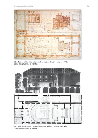 A Linguagem Cenográfica	 34
10 - Teatro all’Antica, Vicenzo Scamozzi. Sabbioneta, séc XVI.
Corte longitudinal e planta.
11 - Teatro Farnese, Giovanni Batista Aleotti. Parma, séc XVII.
Corte longitudinal e planta.
 