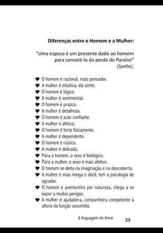 A linguagem do Amor 39
Diferenças entre o Homem e a Mulher:
“Uma esposa é um presente dado ao homem
para consolá-lo da perda do Paraíso”
(Goethe).
Y 	O homem é racional, mais pensador.
Y 	A mulher é intuitiva, ela sente.
Y 	O homem é lógico.
Y 	A mulher é sentimental.
Y 	O homem é pratico.
Y 	A mulher é detalhista.
Y 	O homem é auto confiante.
Y 	A mulher é afetiva.
Y 	O homem é forte fisicamente.	
Y 	A mulher é dependente.
Y 	O homem é rústico.
Y 	A mulher é delicada.
Y 	Para o homem, o sexo é biológico.
Y 	Para a mulher, o sexo é mais afetivo.
Y 	O homem se deita na imaginação e na descoberta.
Y 	A mulher é mais meiga e dócil, tem a psicologia de
agradar.
Y 	O homem é aventureiro por natureza, chega a se
expor a muitos perigos.
Y 	A mulher é ajudadora, companheira competente à
altura da função assumida.
 