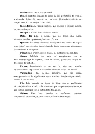 Anular: desarmonia entre o casal.
Médio: conflitos sexuais do casal ou dos protetores da criança
acidentada. Raiva do parceiro ou parceira. Desejo inconsciente de
romper esse tipo de relação conflituosa.
Indicador: pais, ou responsáveis, que acusam e criticam alguém
por seus sofrimentos.
Polegar: o mesmo simbolismo da cabeça.
Dedos dos pés: o mesmo que os dedos das mãos,
mas relacionados a preocupações com o futuro.
Quadris: Pais emocionalmente desequilibrados, "enfiando os pés
pelas mãos" nas decisões ou reprimindo dores emocionais provocadas
pela autoridade de alguém.
Fêmur: Pais avarentos com relação ao dinheiro ou à conduta.
Coxas: Rebeldia dos pais no rompimento com a
autoridade (antiga) de alguém, tanto da família, quanto de amigos ou
de colegas de trabalho.
Pernas: Rompimento do pai ou da mãe com alguém
cuja autoridade impede seu desenvolvimento com relação ao futuro.
Tornozelos: Pai ou mãe inflexível, que não aceita
o comportamento de alguém com quem convive. Deseja sempre moldar
o outro à sua maneira.
Pés: Pais infantis na forma de lidar com os problemas;
não compreendem a vida; colocam-se sempre na posição de vítimas, o
que os leva a romper com a autoridade de alguém.
Coluna: Pais com orgulho e profundas mágoas;
rompimento forte de laços; desarmonia, violência no coração.
 