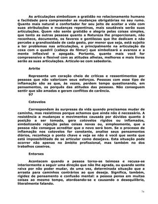 As articulações simbolizam a gratidão no relacionamento humano
e facilidade para compreender as mudanças obrigatórias no seu rumo.
Quanto mais natural e confortador for seu jeito de aceitar a vida com
suas atribulações e mudanças repentinas, mais saudáveis serão suas
articulações. Quem não sente gratidão e alegria pelas coisas simples,
que tanto as outras pessoas quanto a Natureza lhe proporcionam, não
reconhece, documente, os favores e gentilezas que lhe dedicam e não
percebe a grandiosidade de cada gesto, por menor que seja, está sujeito
a ter problemas nas articulações, e principalmente na articulação da
coxa com o quadril (cabeça do fêmur) que simbolizará a avareza e a
mente inflexível e apegada. Portanto, quanto mais você for
compreensivo e flexível com as atitudes alheias, melhores e mais livres
serão as suas articulações. Articule-se com sabedoria.
Artrite
Representa um coração cheio de críticas e ressentimentos por
pessoas que não valorizam seus esforços. Pessoas com esse tipo de
inflamação são as que, às vezes, perdem tempo questionando, em
pensamentos, os porquês das atitudes das pessoas. Não conseguem
sentir que são amadas e geram conflitos de carência.
97
Cotovelos
Correspondem às surpresas da vida quando precisamos mudar de
caminho, mas resistimos porque achamos que ainda não é necessário. A
resistência a mudanças e movimentos causada por dúvidas quanto à
posição a ser tomada, gera cotovelos rígidos ou inflamados,
simbolizando rejeição pelas coisas novas ou, simplesmente, que a
pessoa não consegue acreditar que o novo será bom. Se o processo de
inflamação nos cotovelos for constante, analise seus pensamentos
diários, reconheça o ponto chave e veja se não é você que sente que
está impossibilitado de se articular como desejava. Esta situação pode
ocorrer não apenas no âmbito profissional, mas também no dos
trabalhos caseiros.
Entorses
Acontecem quando a pessoa torna-se teimosa e recusa-se
interiormente a seguir uma direção que não lhe agrada, ou quando sente
raiva por não poder mudar, de uma vez, determinada situação que a
arrasta para caminhos contrários ao que deseja. Significa, também,
rigidez de pensamento e confusão mental: a pessoa pensa em muitas
coisas ao mesmo tempo, atordoando-se e causando o desequilíbrio,
literalmente falando.
76
 