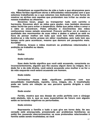 Simbolizam as experiências da vida e tudo o que alcançamos para
nós. Mãos feridas significam dores e dificuldades relacionadas com o que
estamos trabalhando ou a que estamos nos dedicando. É uma forma de
mostrar os atritos com aqueles que pretendem nos irritar ou anular os
nossos trabalhos ou afazeres.
Devemos tocar, pegar ou transportar tudo com carinho e
harmonia. Devemos abrir as mãos para ajudar, mas também devemos
saber fechá-las para evitar o desperdício. Saiba que pelas mãos o amor e
o ódio se encontram. Pelas atitudes e movimentos das mãos
conhecemos nosso estado emocional. Procure verificar cm si mesmo a
qualidade dos movimentos de suas mãos e dedos e saberá se está na
hora de pensar melhor em tudo que você tem feito ultimamente.
Acalme-se e não tenha pressa em obter resultados, pois tudo tem seu
tempo certo para acontecer, mesmo que demore um pouquinho mais.
Acredite!
Ombros, braços e mãos mostram os problemas relacionados à
ambição no trabalho ou ideais.
115
Dedos
Dedo indicador
Esse dedo ferido significa que você está acusando, consciente ou
inconscientemente, alguém que lhe causou algum dano ou mágoa. Se o
dedo for o da mão direita, você estará acusando uma mulher e se for o
da mão esquerda você estará acusando um homem.
Dedo médio
Ferimentos nesse dedo significam problemas com sua
sexualidade: insatisfação, repúdio, raiva, mágoa, etc. A insatisfação
pode ser tanto em relação ao seu parceiro quanto dirigida a você
mesmo.
Dedo anular
Ferido, mostra que seu desejo de união perfeita com o cônjuge
está abalado, isto é, que as suas expectativas de futuro com alguém
estão se tornando negativas ou perturbadas.
Dedo mínimo
Representa a família e tudo o que gira em torno dela. Se seu
coração está amargurado, pressionado por problemas familiares; se
estão lhe causando aborrecimentos; se suas pretensões relacionadas à
família estão sendo invalidadas; se você
87
 