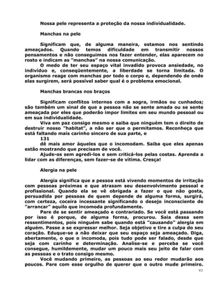 Nossa pele representa a proteção da nossa individualidade.
Manchas na pele
Significam que, de alguma maneira, estamos nos sentindo
ameaçados. Quando temos dificuldade em transmitir nossos
pensamentos e não conseguimos nos fazer entender, elas aparecem no
rosto e indicam as ”manchas” na nossa comunicação.
O medo de ter seu espaço vital invadido provoca ansiedade, no
indivíduo e, conseqüentemente, a liberdade se torna limitada. O
organismo reage com manchas por todo o corpo e, dependendo de onde
elas surgirem, será possível saber qual é o problema emocional.
Manchas brancas nos braços
Significam conflitos internos com a sogra, irmãos ou cunhados;
são também um sinal de que a pessoa não se sente amada ou se sente
ameaçada por eles que poderão impor limites em seu mundo pessoal ou
em sua individualidade.
Viva em paz consigo mesmo e saiba que ninguém tem o direito de
destruir nosso ”habitat”, a não ser que o permitamos. Reconheça que
está faltando mais carinho sincero de sua parte, e
131
dê mais amor àqueles que o incomodam. Saiba que eles apenas
estão mostrando que precisam de você.
Ajude-os sem agredi-los e sem criticá-los pelas costas. Aprenda a
lidar com as diferenças, sem fazer-se de vítima. Cresça!
Alergia na pele
Alergia significa que a pessoa está vivendo momentos de irritação
com pessoas próximas e que atrasam seu desenvolvimento pessoal e
profissional. Quando ela se vê obrigada a fazer o que não gosta,
persuadida por pessoas de quem depende de alguma forma, surgirá,
com certeza, coceira incessante significando o desejo inconsciente de
”arrancar” aquilo que incomoda profundamente.
Pare de se sentir ameaçado e contrariado. Se você está passando
por isso é porque, de alguma forma, procurou. Saia dessa sem
ressentimentos, pois ninguém sabe quando está ”causando” alergia em
alguém. Passe a se expressar melhor. Seja objetivo e tire a culpa do seu
coração. Eduque-se a não deixar que seu espaço seja ameaçado. Diga,
abertamente, o que o incomoda, pois tudo pode ser falado, desde que
seja com carinho e determinação. Analise-se e perceba se você
consegue, humildemente, mudar um pouco mais seu jeito de falar com
as pessoas e o trato consigo mesmo.
Você mudando primeiro, as pessoas ao seu redor mudarão aos
poucos. Pare com esse orgulho de querer que o outro mude primeiro.
93
 