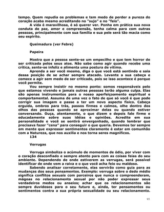 tempo. Quem repudia os problemas e tem medo de perder a pureza do
coração acaba mesmo acreditando no ”sujo” e no ”feio”.
A vida é maravilhosa, é só querer ver. Ponha em prática sua nova
conduta de paz, amor e compreensão, tenha calma para com outras
pessoas, principalmente com sua família e sua pele será tão macia como
seu espírito.
Queimadura (ver Febre)
Papeira
Mostra que a pessoa sente-se um empecilho e que tem horror de
ser criticada pelos seus atos. Não sabe como agir quando recebe uma
crítica, sente-se infeliz e alimenta uma postura de vítima.
Aprenda a ser você mesmo, diga o que você está sentindo e saia
dessa posição de se achar sempre atacado. Levante a sua cabeça e
comece a agir sem medo de ser criticado, pois se isso acontece é porque
você permite.
Vou sempre insistir no mesmo ponto: somos responsáveis pelo
que estamos vivendo e jamais outras pessoas terão alguma culpa. Elas
são apenas instrumentos para o nosso aperfeiçoamento espiritual e
comportamental. Assuma de uma vez o fato de que só você é que pode
corrigir sua imagem e passe a ter um novo aspecto físico. Cabeça
erguida, ombros para trás, passos firmes e calmos, olhe dentro dos
olhos das pessoas quando se aproximar delas ou quando estiver
conversando. Ouça, atentamente, o que dizem e depois fale firme e
educadamente sobre suas idéias e opiniões. Acredite em sua
personalidade e você se sentirá envergonhado, quando lembrar que
precisava fazer ”cena” para conseguir o que queria. Devemos ter sempre
em mente que expressar sentimentos claramente é estar em comunhão
com a Natureza, que nos auxilia e nos torna seres magníficos.
134
Verrugas
Verruga simboliza o acúmulo de momentos de ódio, por viver com
o coração desconfiado e sempre atento para com as coisas feias do seu
ambiente. Dependendo de onde estiverem as verrugas, será possível
identificar de onde vem a raiva e o que você acha feio ou maldoso.
Sabendo analisar corretamente, elas servirão como guia para as
mudanças dos seus pensamentos. Exemplo: verruga sobre o dedo médio
significa conflitos sexuais com parceiros que nunca o compreenderam,
mágoas no relacionamento sexual por não poder expressar seus
verdadeiros medos ou anseios; achar que os relacionamentos são
sempre duvidosos para o seu futuro e, ainda, ter pensamentos ou
sentimentos contra a sua própria sexualidade ou seu relacionamento.
95
 