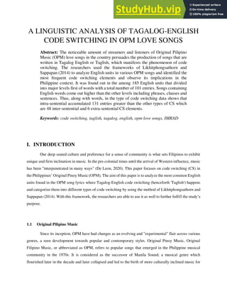 A LINGUISTIC ANALYSIS OF TAGALOG-ENGLISH CODE SWITCHING IN OPM LOVE ...