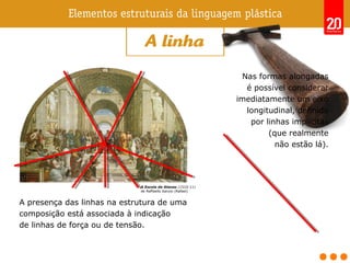 A presença das linhas na estrutura de uma
composição está associada à indicação
de linhas de força ou de tensão.
A Escola de Atenas (1510-11)
de Raffaello Sanzio (Rafael)
Nas formas alongadas
é possível considerar
imediatamente um eixo
longitudinal, definido
por linhas implícitas
(que realmente
não estão lá).
 