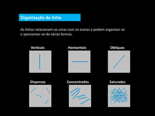 Organização da linha
As linhas relacionam-se umas com os outras e podem organizar-se
e apresentar-se de várias formas.
Verticais OblíquasHorizontais
Dispersas Concentradas Saturadas
 