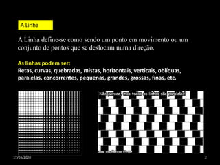 217/03/2020
A Linha define-se como sendo um ponto em movimento ou um
conjunto de pontos que se deslocam numa direção.
As linhas podem ser:
Retas, curvas, quebradas, mistas, horizontais, verticais, oblíquas,
paralelas, concorrentes, pequenas, grandes, grossas, finas, etc.
A Linha
 