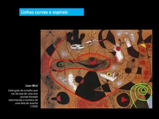 Joan Miró
Uma gota de orvalho que
cai da asa de uma ave
acorda Rosália
adormecida à sombra de
uma teia de aranha
(1939)
Linhas curvas e espirais
 