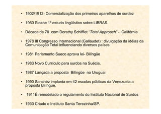 • 1902/1912- Comercialização dos primeiros aparelhos de surdez
• 1960 Stokoe 1º estudo lingüístico sobre LIBRAS.
• Década de 70 com Dorathy Schifflet “Total Approach” - Califórnia
• 1978 III Congresso Internacional (Gallaudet) : divulgação da idéias da
Comunicação Total influenciando diversos países
• 1981 Parlamento Sueco aprova lei- Bilíngüe
• 1983 Novo Currículo para surdos na Suécia.
• 1987 Lançada a proposta Bilíngüe no Uruguai
• 1990 Sanchéz implanta em 42 escolas públicas da Venezuela a
proposta Bilíngüe.
• 1911É remodelado o regulamento do Instituto Nacional de Surdos
• 1933 Criado o Instituto Santa Terezinha/SP.
 