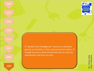 Por : Denise Lotito Fonte: Folhaonline O "Seattle Post-Intelligencer" torna-se o primeiro grande jornal diário a ficar exclusivamente online. O Google anuncia o desenvolvimento de um sistema operacional com foco na web. 