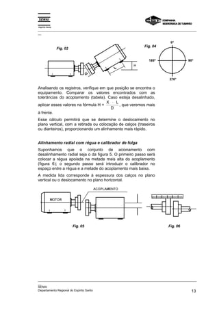 Espírito Santo
_________________________________________________________________________________________________
__



                                                                 Fig. 04
                 Fig. 02




Analisando os registros, verifique em que posição se encontra o
equipamento. Comparar os valores encontrados com as
tolerâncias do acoplamento (tabela). Caso esteja desalinhado,
                                      X ⋅ L
aplicar esses valores na fórmula H =        , que veremos mais
                                        D
à frente.
Esse cálculo permitirá que se determine o deslocamento no
plano vertical, com a retirada ou colocação de calços (traseiros
ou dianteiros), proporcionando um alinhamento mais rápido.


Alinhamento radial com régua e calibrador de folga
Suponhamos que o conjunto de acionamento com
desalinhamento radial seja o da figura 5. O primeiro passo será
colocar a régua apoiada na metade mais alta do acoplamento
(figura 6); o segundo passo será introduzir o calibrador no
espaço entre a régua e a metade do acoplamento mais baixa.
A medida lida corresponde à espessura dos calços no plano
vertical ou o deslocamento no plano horizontal.




                           Fig. 05                                             Fig. 06




_________________________________________________________________________________________________
__
SENAI
Departamento Regional do Espírito Santo                                                       13
 