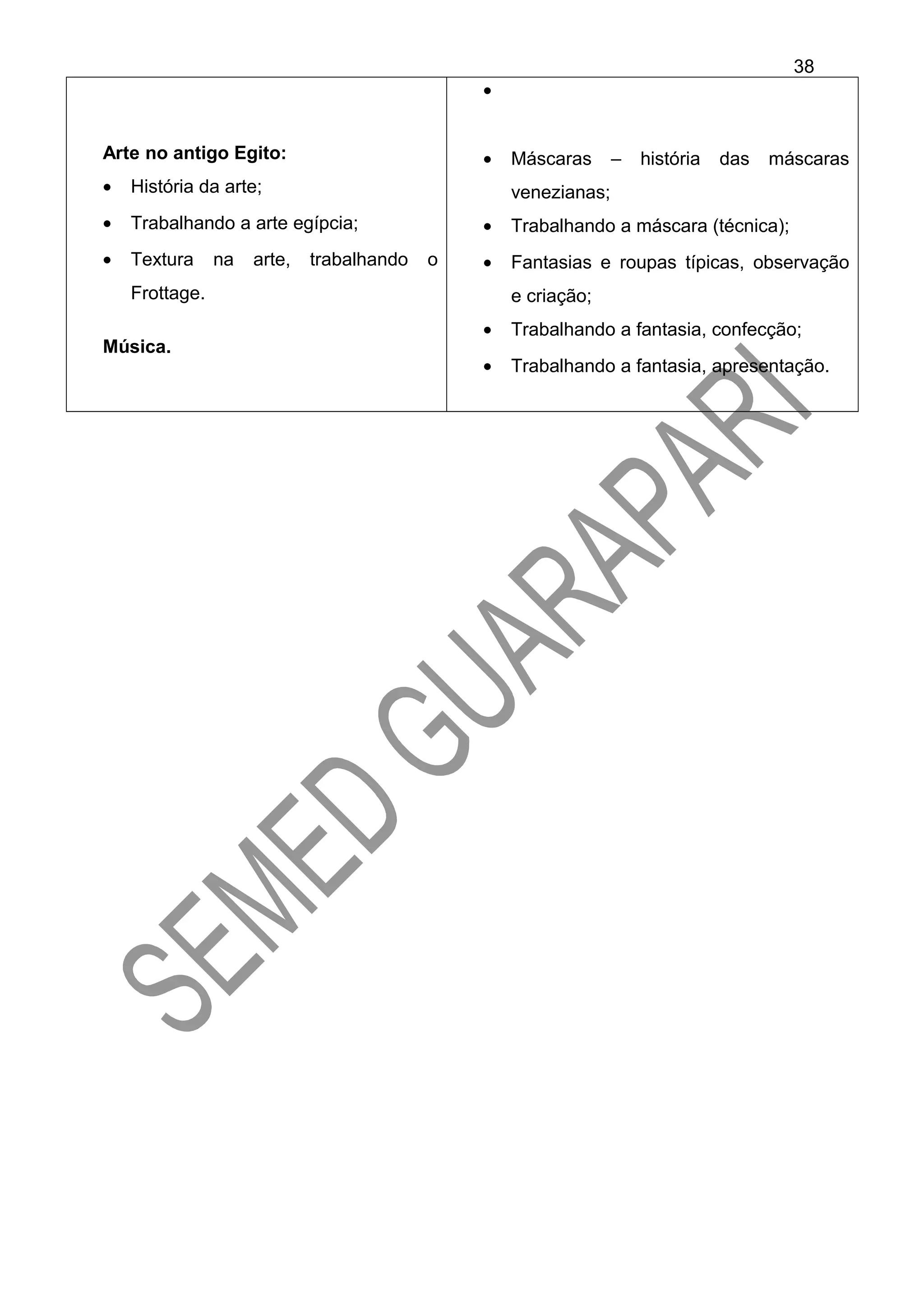 Arte no antigo Egito:
• História da arte;
• Trabalhando a arte egípcia;
• Textura na arte, trabalhando o
Frottage.
Música.
•
• Máscaras – história das máscaras
venezianas;
• Trabalhando a máscara (técnica);
• Fantasias e roupas típicas, observação
e criação;
• Trabalhando a fantasia, confecção;
• Trabalhando a fantasia, apresentação.
38
 